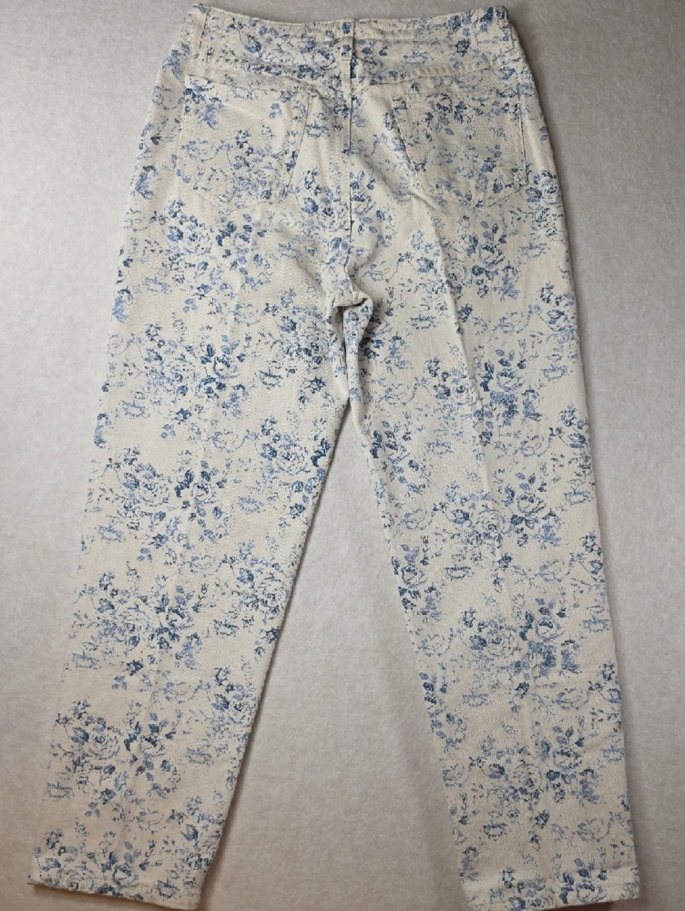 Lizwear Vintage Cream Blue Floral Toile Print Straight Leg Jeans 100% Cotton - Picture 9 of 11